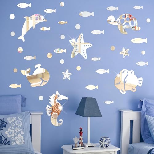 Ocean Acrylic Mirror Wall Stickers 3D Mirrors Stickers Ocean Animal Wall Decor Sea Fish Whale Dolphin Marine Wall Decals Under The Sea Wall Stickers for Baby Room Kids Room Bathroom Nursery Decor