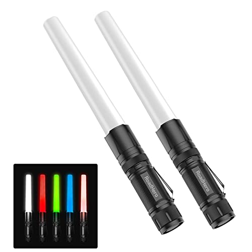 RoadHero 2 Pack 12 Inch Multi Color LED Flashlight Traffic Control Wand, 4 Colors in 1, Safety Signal Light Traffic Baton for Night Version and Parking Directing