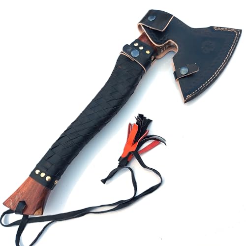 Handforged Carbon Steel Viking Axe with Wooden Handle & Leather Sheath – Camping & Outdoor Hatchet
