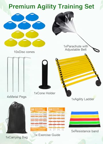 Speed Agility Training Equipment Set - 20ft Ladder, Parachute, Bands & Cones - Warm Yellow
