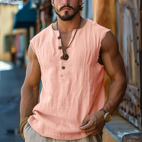Men's Vintage Tank Top - Lightweight Sleeveless Henley Shirt - Pink / Large