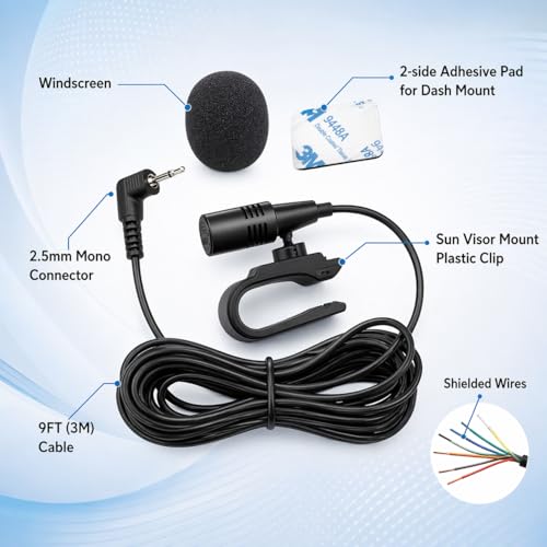 2.5mm Microphone for Pioneer Car Stereo - Replacement Dash Microphone, 9FT Cable