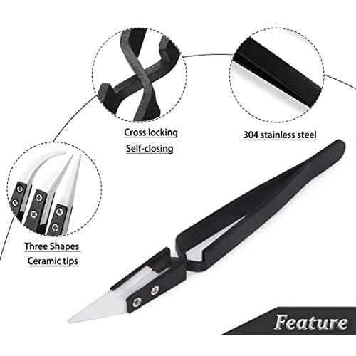 3pcs Stainless Steel Anti-Static Ceramic Solder Tweezers Non-Conductive, Highly Heat Resistant, Anti-Magnetic Straight Curved Tips Precision Tweezers for Electronic Soldering Tool