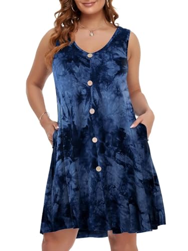 BELAROI Tie Dye Dark Blue 2X Summer Sundress with Pockets & V Neck