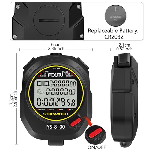 Digital Sports Stopwatch - 100 Laps Memory Timer - Black