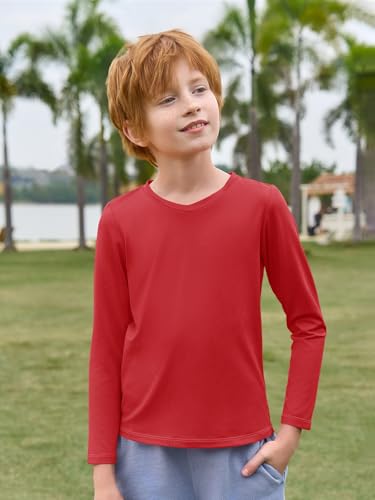Boys Long Sleeve Athletic T-Shirt - Dry Fit V-Neck, Red, 7-8 Years