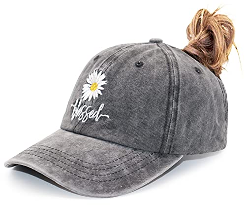 MANMESH HATT Daisy Blessed Ponytail Baseball Cap for Women, One Size Black