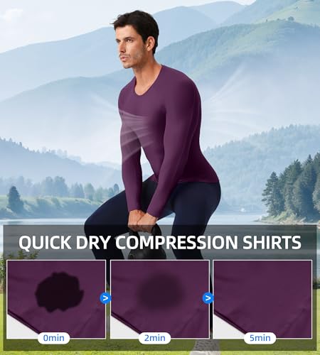 Men's Long Sleeve Compression Shirt - Cool Dry Athletic Top - Wine Red, X-Large