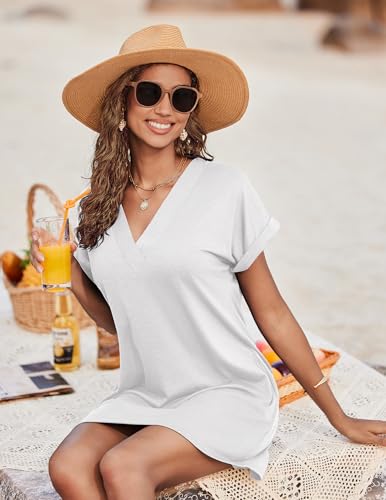 Women's V Neck Beach Swimsuit Coverup Dress with Pockets - White / X-Large