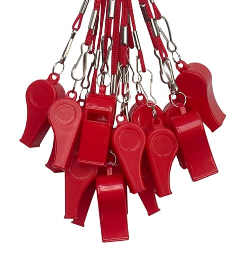 Red Plastic Sports Whistles with Lanyard - 20 Pack Referee & Emergency Use