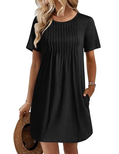 Women’s Short Sleeve Swimsuit Coverup Dress with Pockets - Black, Small