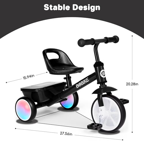 Bobike Black Toddler Tricycle with Glowing LED Wheels, Adjustable Seat & Rear Basket