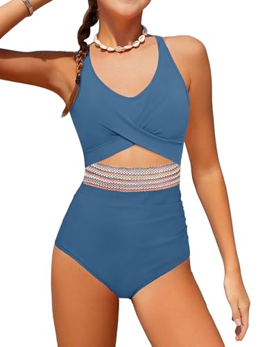 Girls Criss Cross Cutout Color Block One Piece Swimsuit - Dark Blue, 15-16Y
