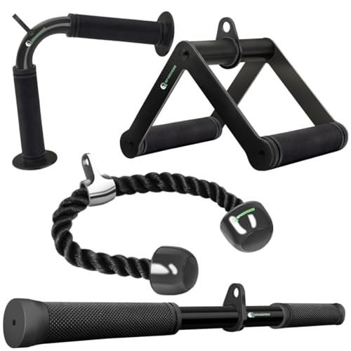 Cable Machine Attachment Set - V Handle, Tricep Rope & Straight Bar