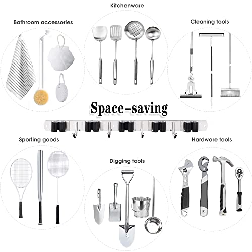 2 Pack Mop and Broom Holder Wall Mount, 5 Racks and 4 Hooks Broom Organizer Storage Tool Racks Stainless Steel Heavy Duty Hooks Self Adhesive Solid Non-slip for Home Kitchen Garden Laundry Garage