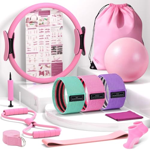 Home Pilates Kit - All-in-One Equipment Set with 14.5" Ring & Ball - Soft Pink