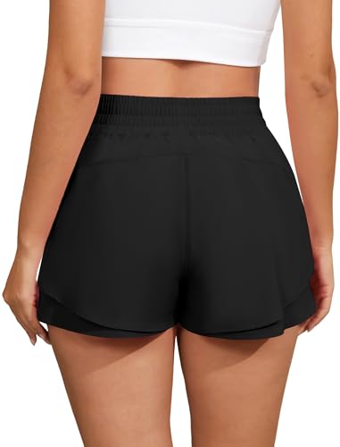 FireSwan Women's 2-in-1 Butterfly Flow Athletic Running Shorts - Black, Medium