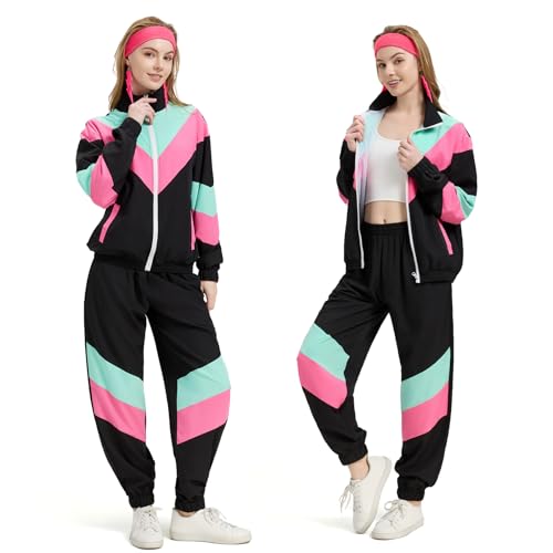 Women’s 80s Retro Tracksuit Set - Black Windbreaker & Sweatpants, Large