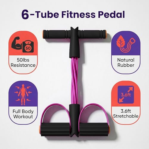 Pedal Resistance Bands with Handles - Durable 6-Tubes, Pink