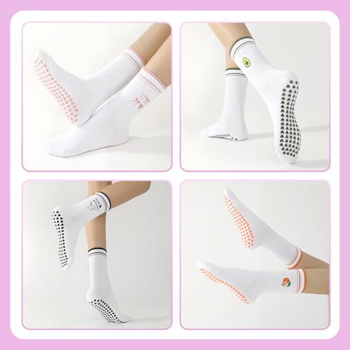 Pilates Socks with Grips for Women - 5 Pcs Ruffled Set - Pink, Purple, Orange, Green, Black