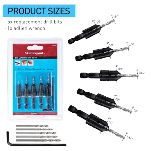 Countersink Drill Bit Set 5 pc,3in1 Woodworking Counterbore Hole Drill Bits,Tapered Countersink Bit,Depth Adjustable M2 Pilot Drill Bits, 82-Degree Chamfer, 1/4¡±Hex Shank