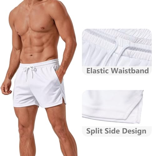 Kiuwoba Men's 3-Inch Mesh Running Shorts with Pockets, Quick Dry, White, Size M