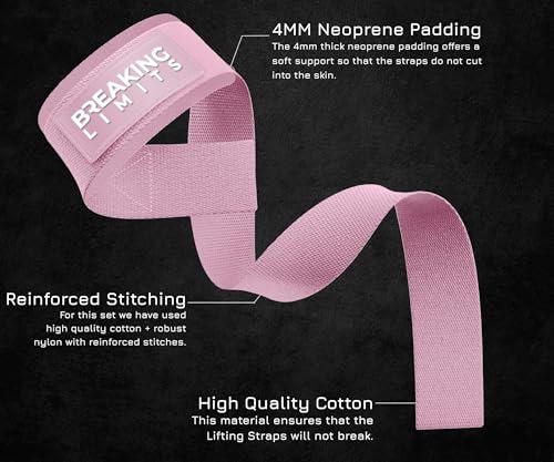 Breaking Limits Pink Lifting Straps & Wrist Wraps for Weightlifting - Men & Women