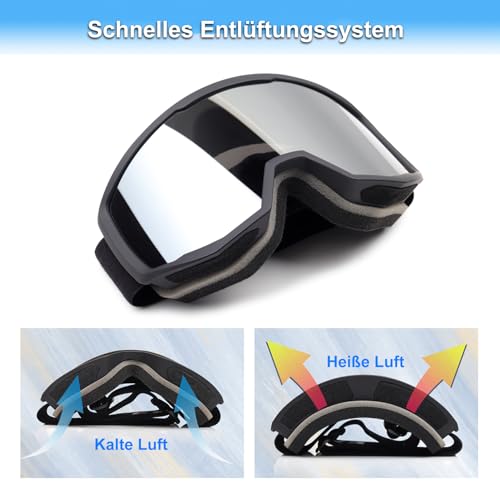 Ski Snowboard Goggles with Anti-Fog UV Protection - Black Frame Silver