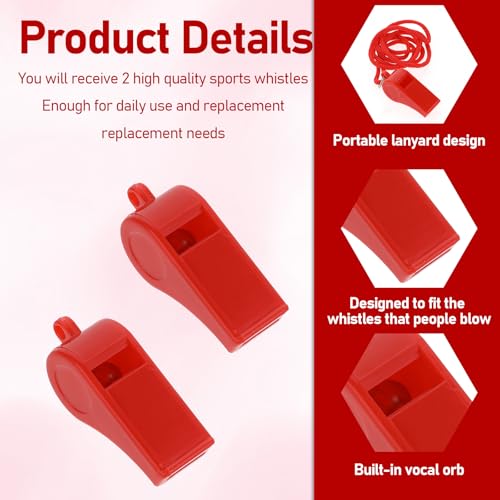 2 Pack Loud Plastic Whistles with Lanyards - Red Coach & Referee Whistle