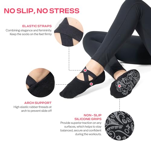 Pilates Socks with Grips for Women - Non-Slip, 2 Pairs Black/Beige