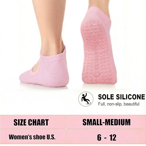 Pilates Socks for Women - 6 Pairs Non-Slip Grip - Black, Pink, Silver Gray, Purple