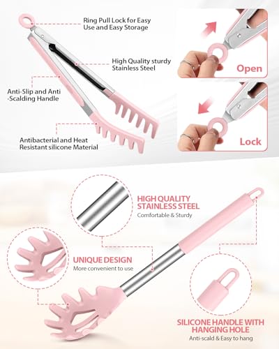 DaiRen Pink Silicone Spaghetti Spoon & Pasta Tong with Teeth, 10"/13"