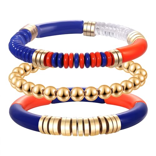 Game Day Bracelet Set - Beaded Stretch Bracelets - Blue & Orange