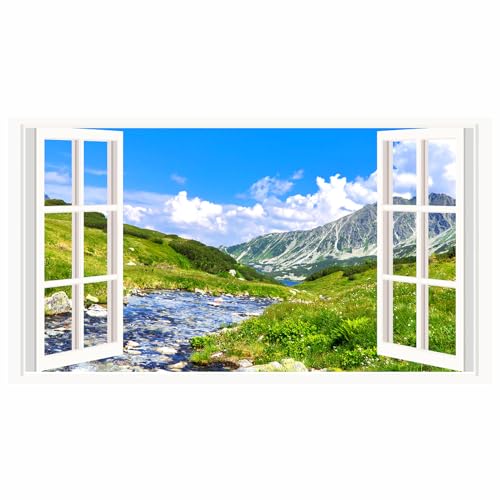 Landscape Wall Sticker Decor 3D Fake Window Mountain Scenery Wall Sticker Peel and Stick Wall Art Wallpaper Removable Faux Window Wall Mural Decal for Bedroom Living Room