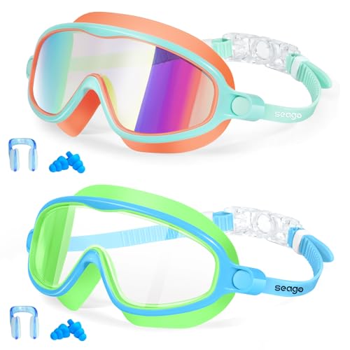 Seago Kids Swim Goggles 2-Pack Orange Mirrored & Blue-Green Anti-Fog UV Wide View