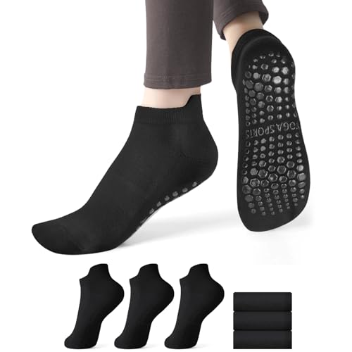 Yoga Socks for Women - Non-Slip Cotton Ankle Socks, 3 Pairs Black
