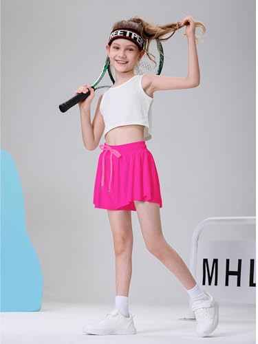 DIPUG Girls Butterfly Shorts with Pockets - 2-in-1 Flowy Athletic Cheer Skorts, Hot Pink, 10-11 Years
