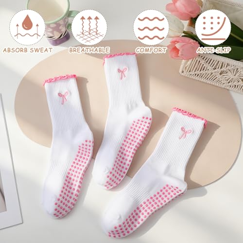 Non-Slip Pilates Grip Socks for Women - Ruffle Ballet Style - Pink (3 Pairs)