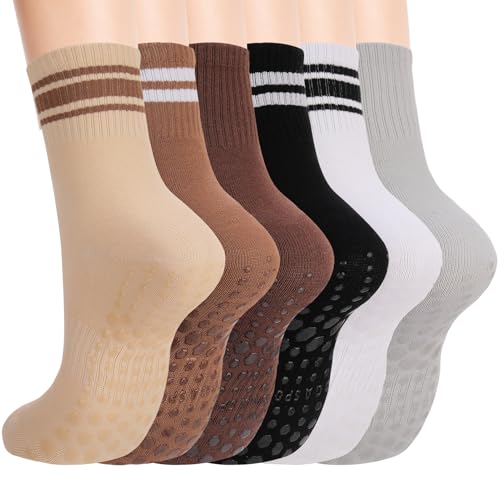 6 Pack Striped Pilates Grip Socks for Women - Non-Slip Yoga Socks Size 7.5-11