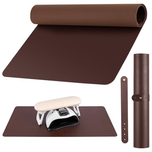 Beloving Foldable Nail Art Table Mat Dark Brown, Microfiber PU Leather Manicure Desk Pad