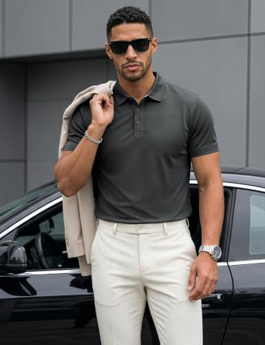 Magcomsen Men’s Polo Shirt Short Sleeve Cotton Pique Classic Fit Golf Large Dark Grey