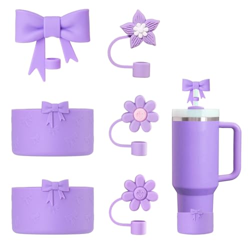 Stanley Tumbler Accessories Set - 4 Silicone Straw Covers & 2 Bow Boots - Purple