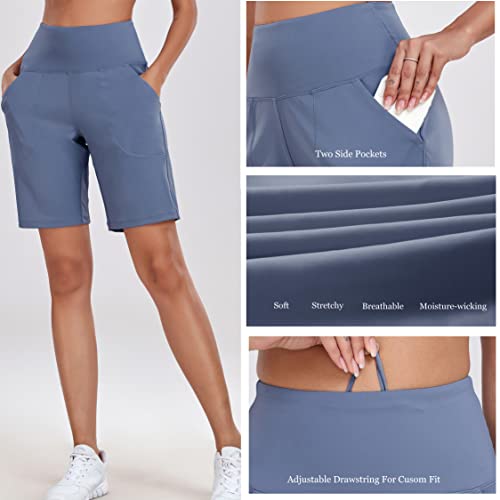 High Waisted Women's 10" Bermuda Workout Shorts - Ink Blue - X-Large