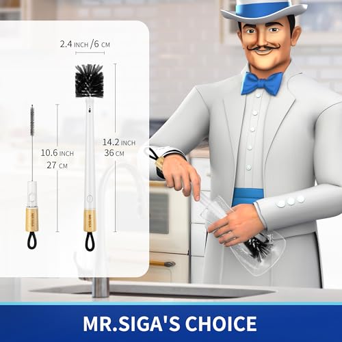 MR.SIGA White 2-in-1 Water Bottle Brush & Straw Cleaner, Long 14.2in Handle