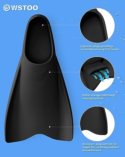 WSTOO Silicone Swim Fins for Adults & Youth Black 10.43-11.02" - Training Flippers for Swimming & Snorkeling
