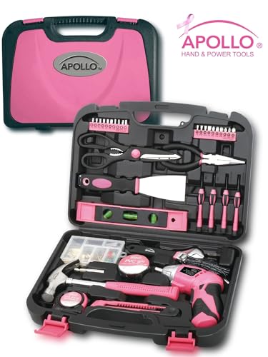 Pink Apollo Tools 135-Piece Household Tool Set with Rechargeable Cordless Screwdriver