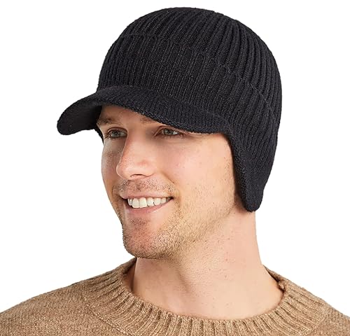 Warm Beanie Hat with Earflap and Visor - One Size, Black