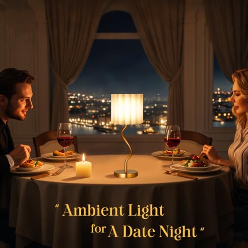 Cordless Scalloped Table lamp, Modern Brass Lamp for Bedside Restaurant Dining Table, 5200-mAh Rechargeable Battery, 3-Level Brightness Dimmable, Build-in Integrated LED 320 Lumen Max