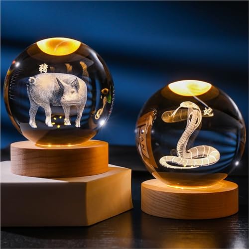 Luminous Crystal Ball Night Light - Rat, 8cm - Solid Wood Base