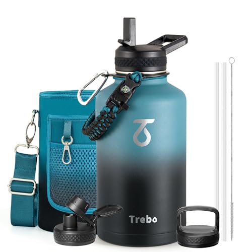 Trebo 64 oz Insulated Stainless Steel Water Bottle with 3 Lids, Paracord Handle & Carry Bag - Indigo/Black
